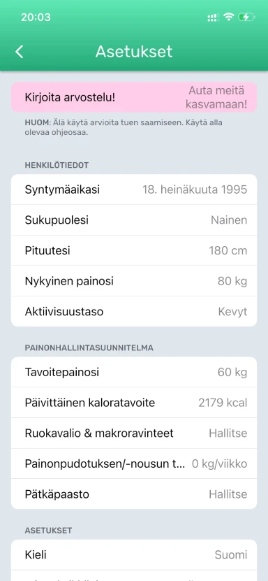 Pätkäpaasto-painike Asetukset-sivulla
