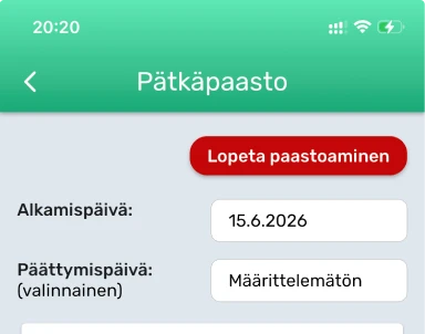 Paaston lopettaminen Pätkäpaasto-asetussivulla.
