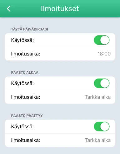 Ilmoitusasetusten sivu